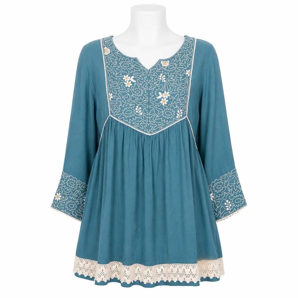 Nalli Tunic‎ Top Women Large Teal Blue Boho Embroidered Lace Trim Peasant Casual